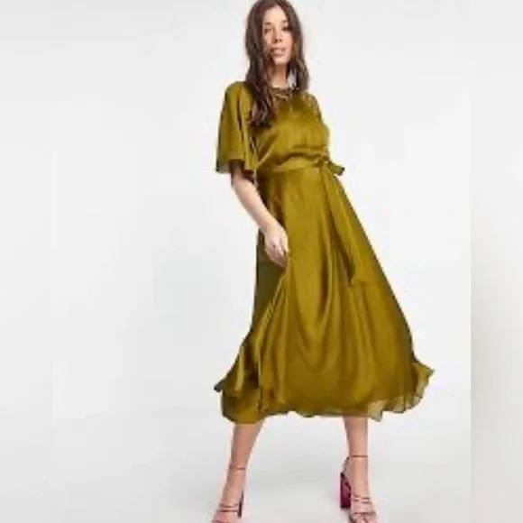 Ted Baker HARIIET Midi Dress In Khaki Green Size 1 / S - Picture 4 of 15